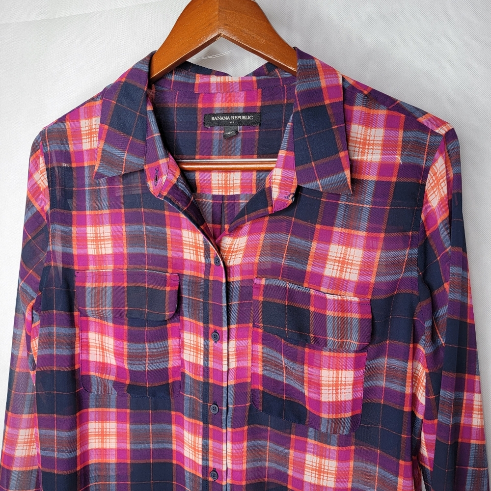 Banana Republic Factory Button-up Shirt Sheer Pink Blue Plaid Long Sleeve Preppy - Picture 3 of 12